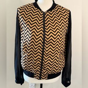 Golden Poppy zip jacket tan black chevron pattern black semi sheer sleeves SZ M